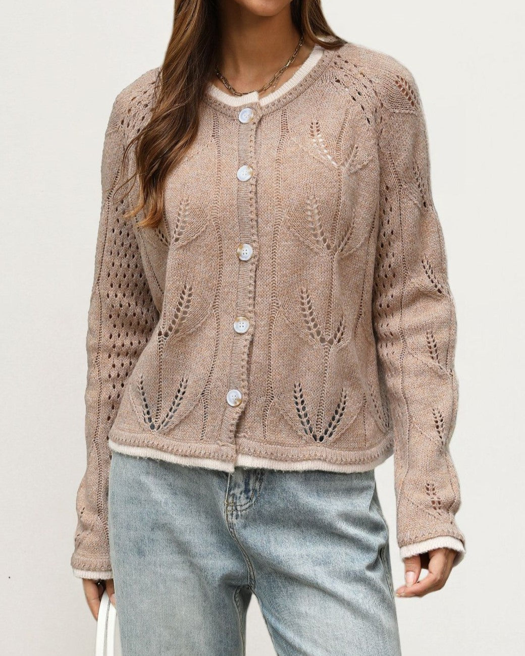 Pointelle Knit Cardigan with Contrast Trim - Khaki