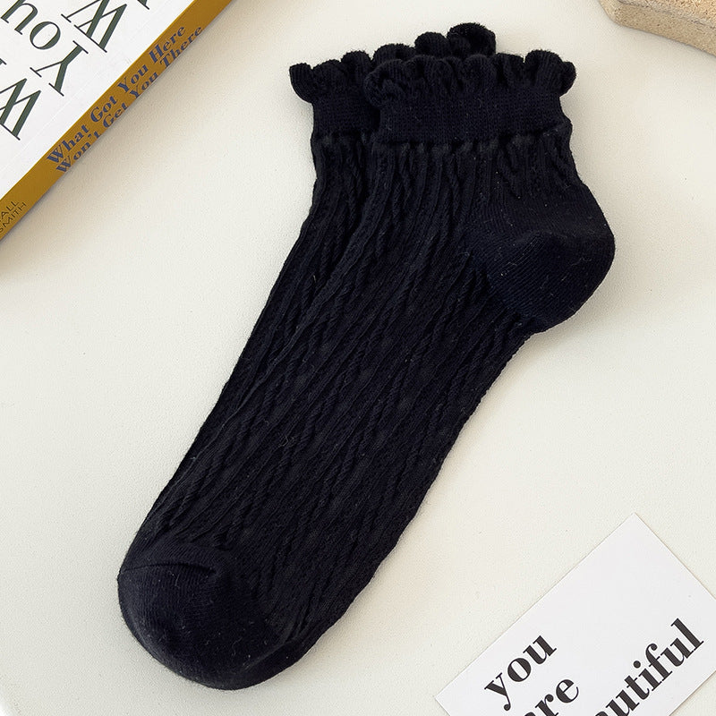 Preppy Ruffle Cuff Twist Knit Ankle Socks - Black