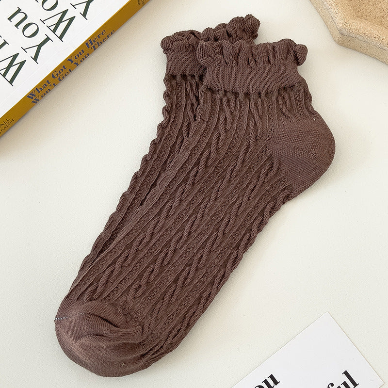 Preppy Ruffle Cuff Twist Knit Ankle Socks - Coffee