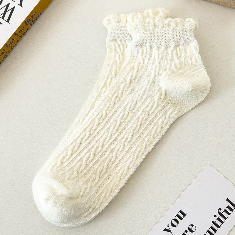 Preppy Ruffle Cuff Twist Knit Ankle Socks - MilkWhite