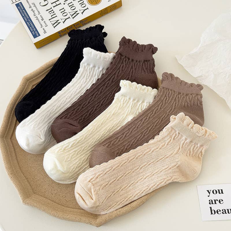 Preppy Ruffle Cuff Twist Knit Ankle Socks