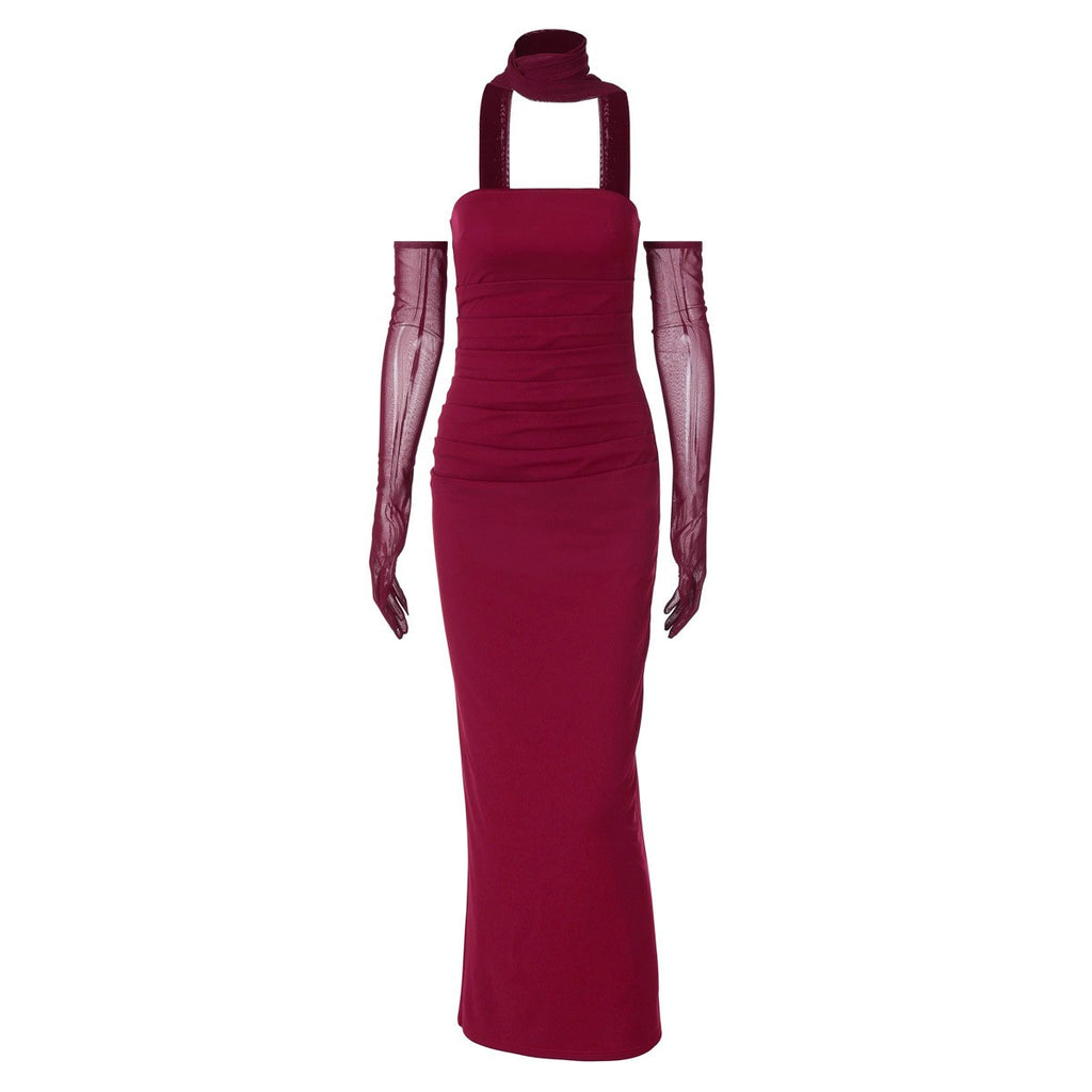 Strapless Ruched Column Maxi Dress with Mesh Gloves - Burgundy