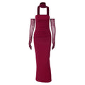 Strapless Ruched Column Maxi Dress with Mesh Gloves - Burgundy