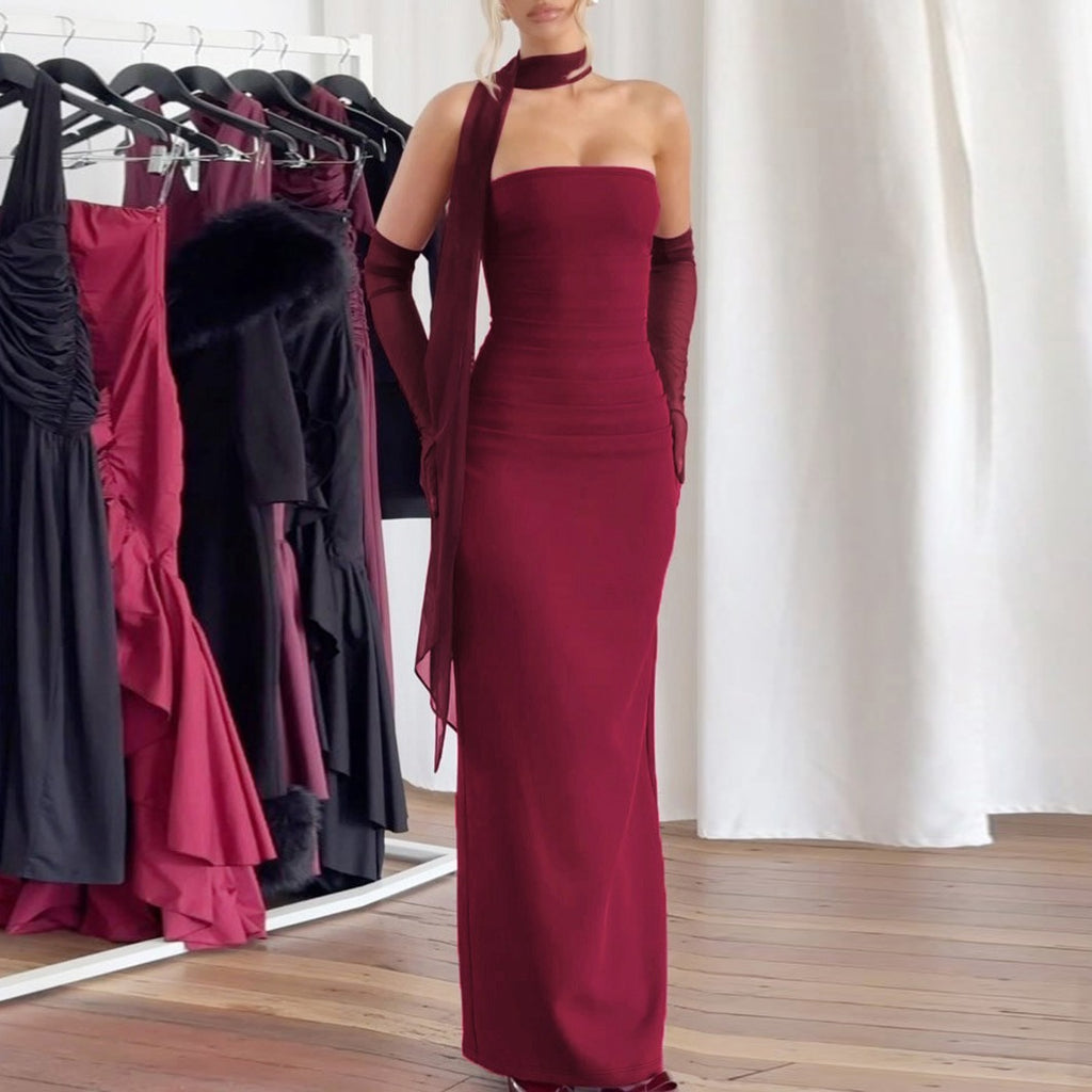Strapless Ruched Column Maxi Dress with Mesh Gloves