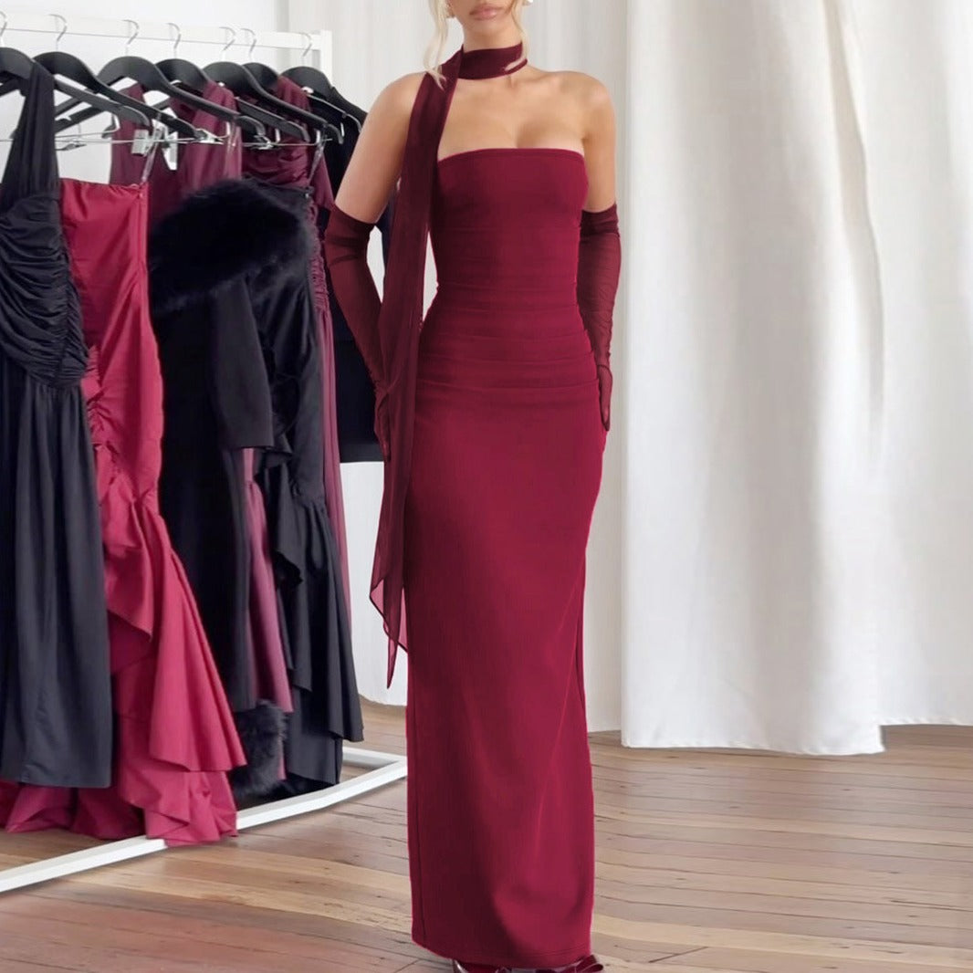 Strapless Ruched Column Maxi Dress with Mesh Gloves