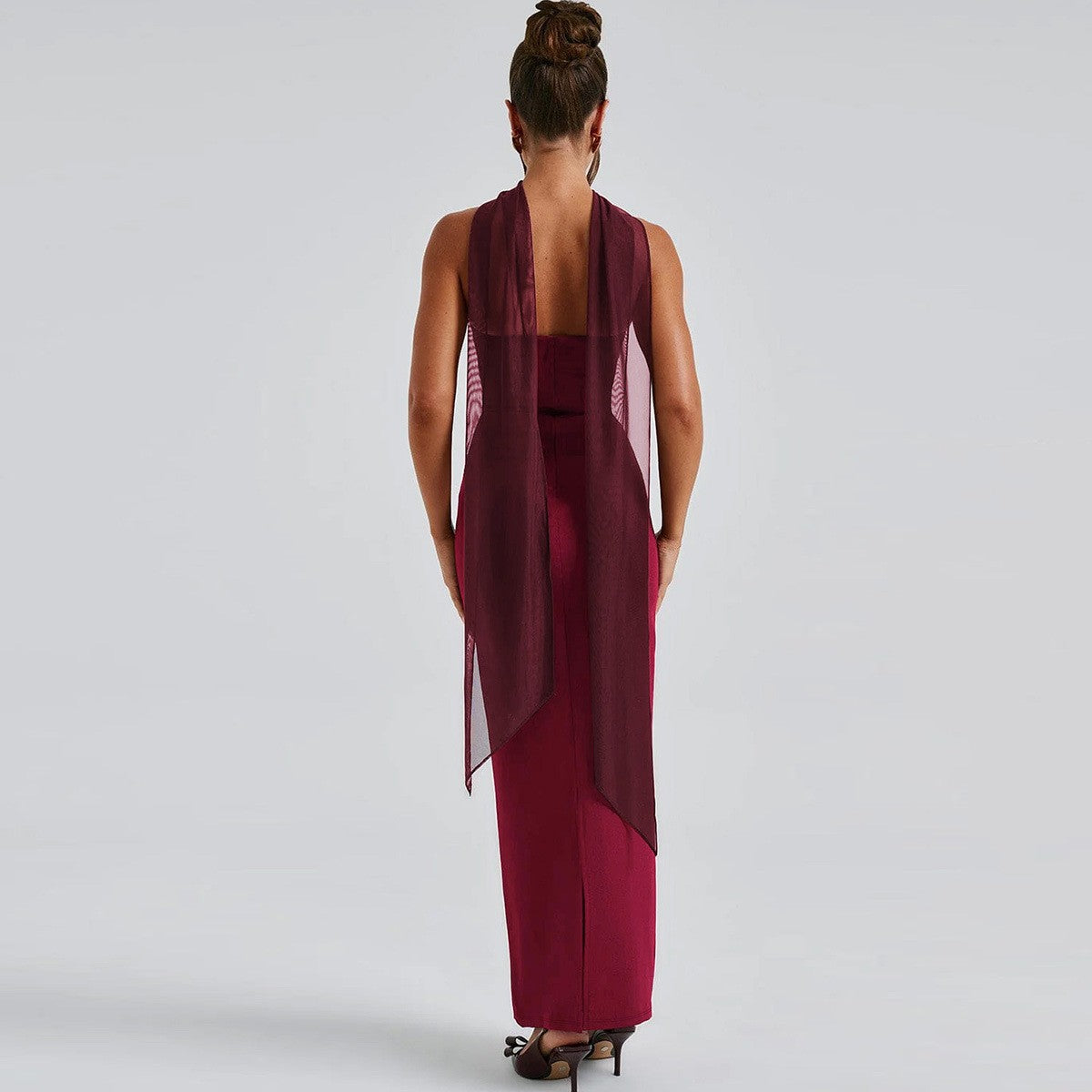 Strapless Ruched Column Maxi Dress with Mesh Gloves