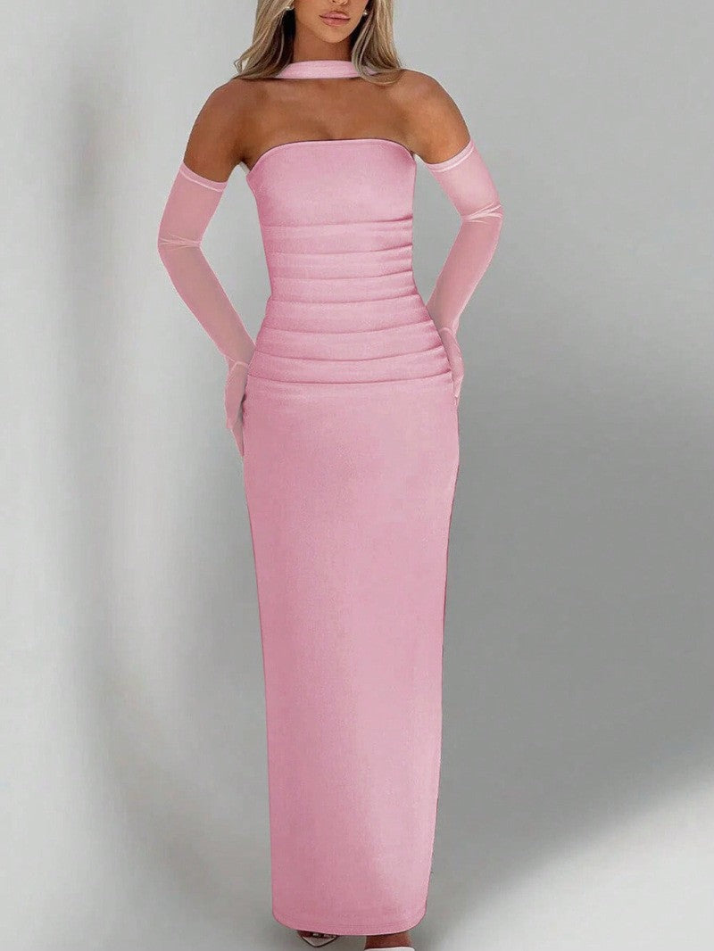 Strapless Ruched Column Maxi Dress with Mesh Gloves