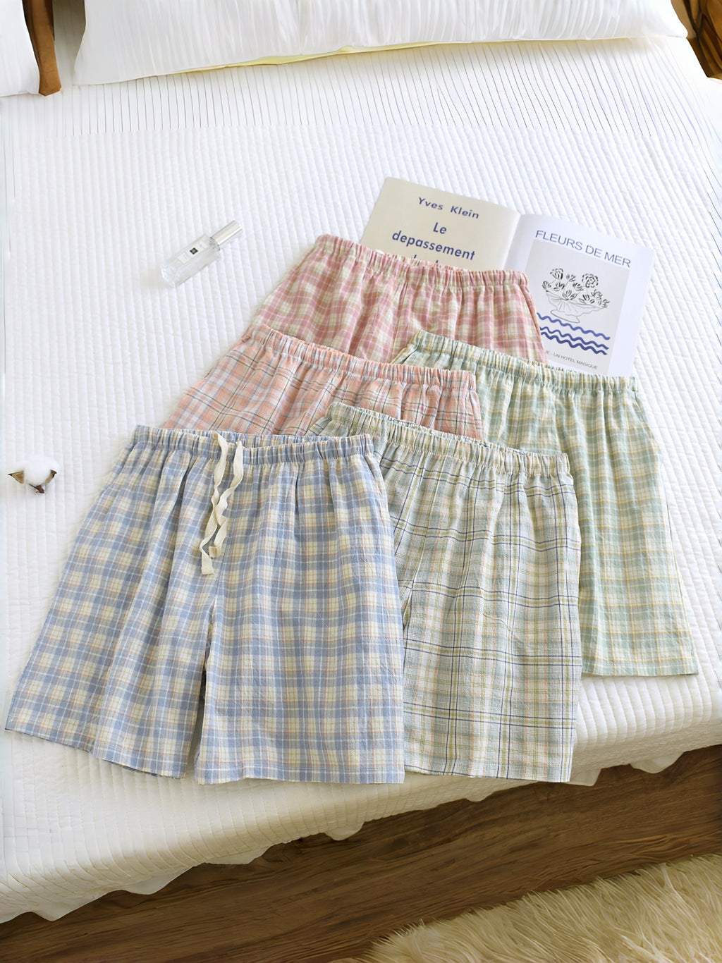 Breezy Checked Cotton Pajama Shorts - Blue