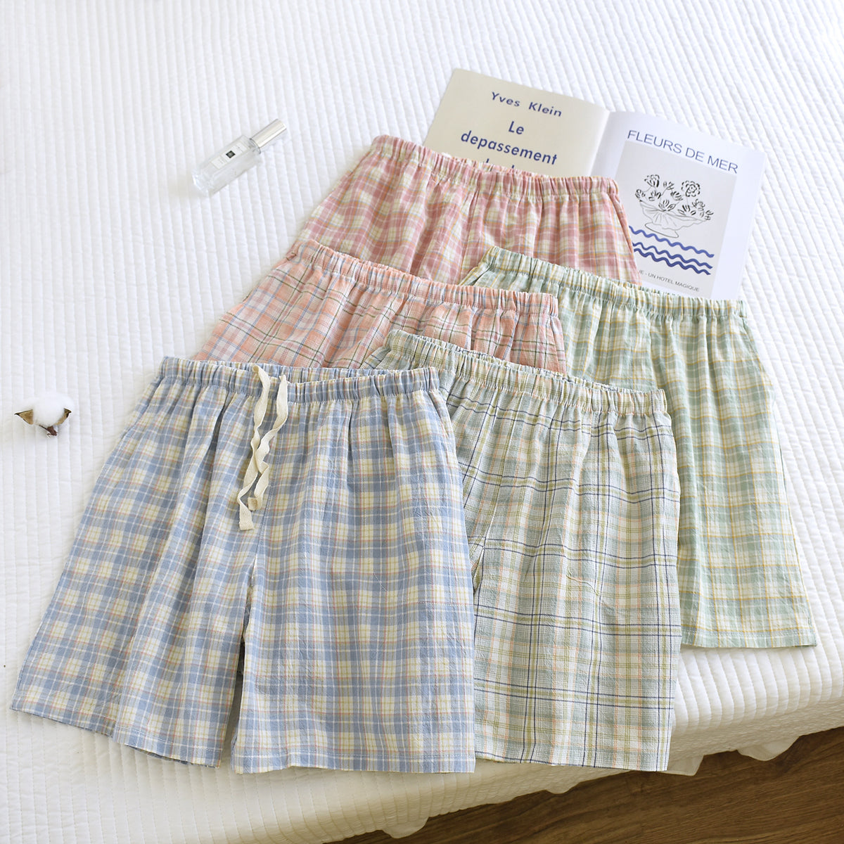 Breezy Checked Cotton Pajama Shorts - Blue - 2