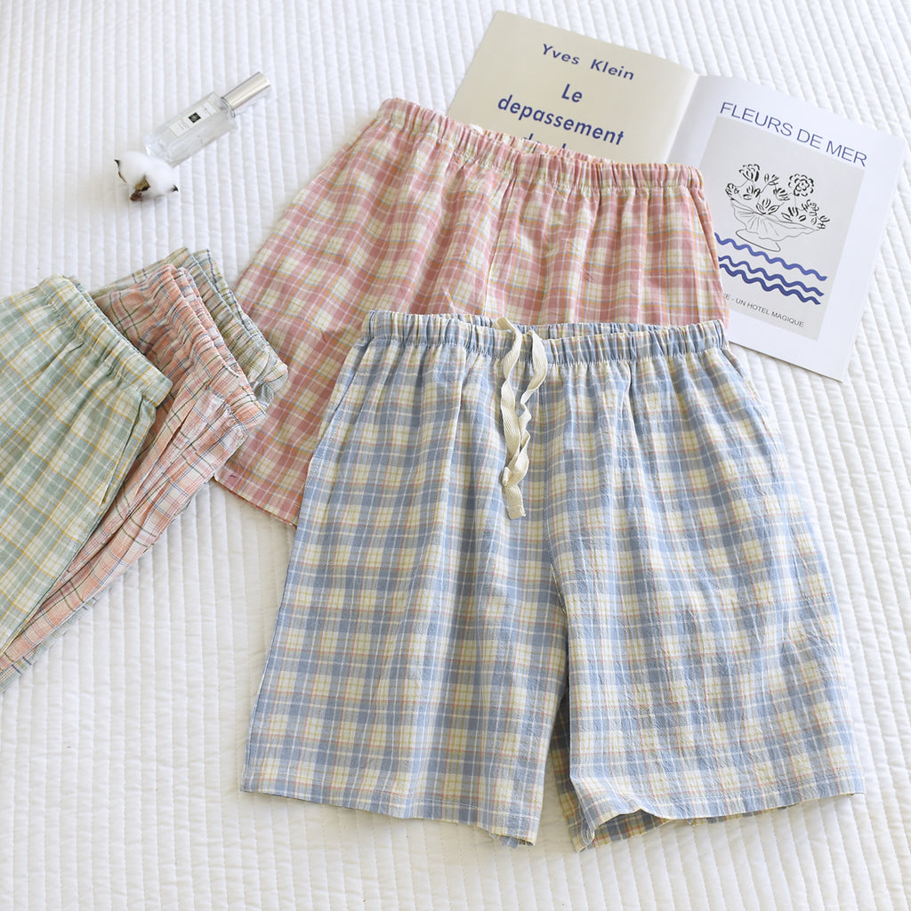 Breezy Checked Cotton Pajama Shorts - Blue - 3