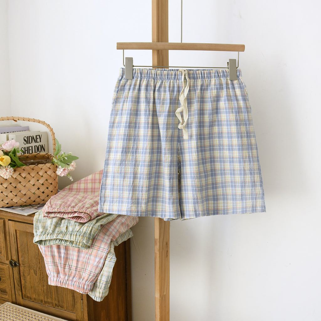 Breezy Checked Cotton Pajama Shorts - Blue - 4