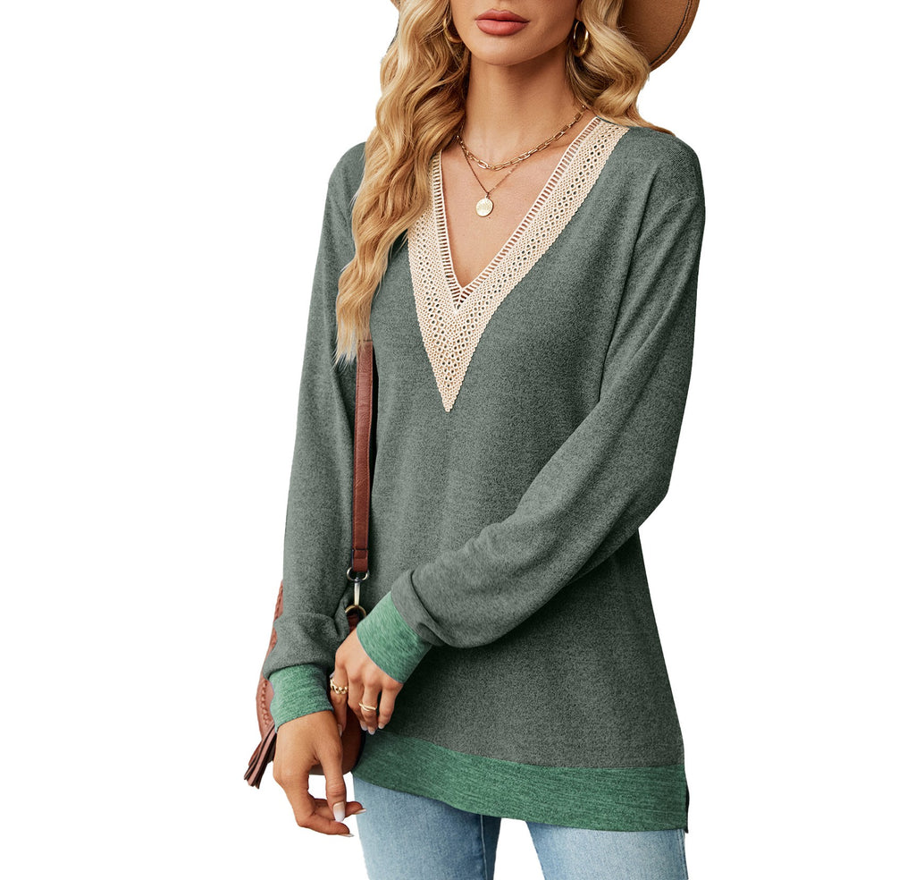 Lace Trim V Neck Long Sleeve Tee - ArmyGreen