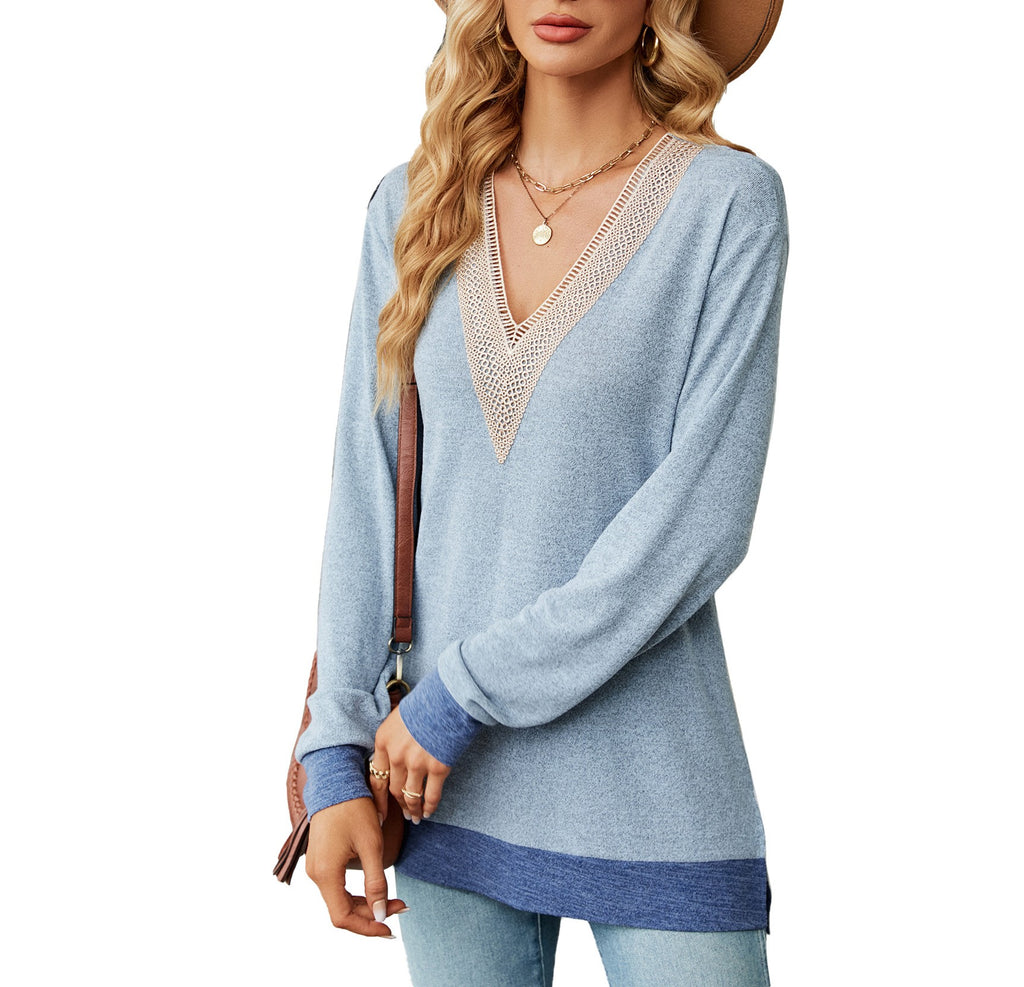 Lace Trim V Neck Long Sleeve Tee - Blue