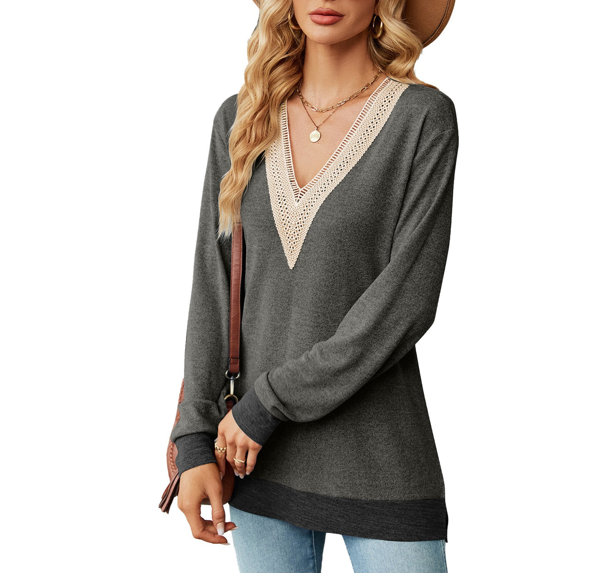 Lace Trim V Neck Long Sleeve Tee - DarkGray