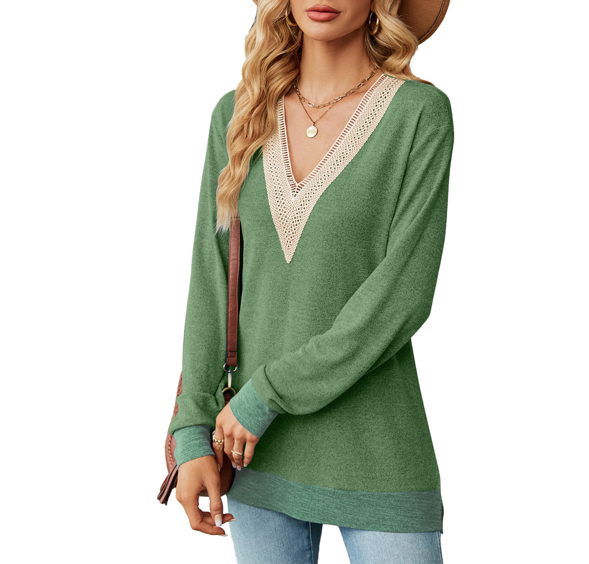 Lace Trim V Neck Long Sleeve Tee - Green