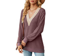 Lace Trim V Neck Long Sleeve Tee - PurpleRed
