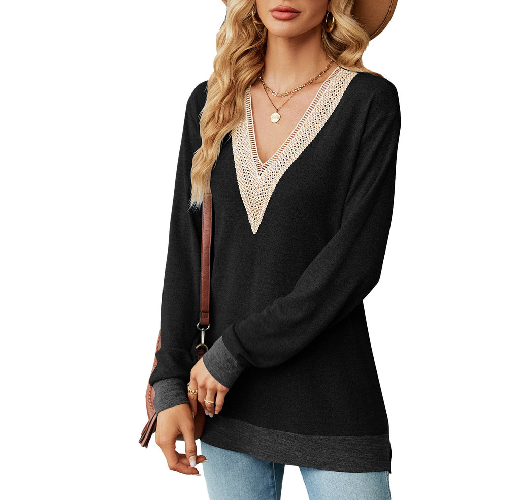 Lace Trim V Neck Long Sleeve Tee - black