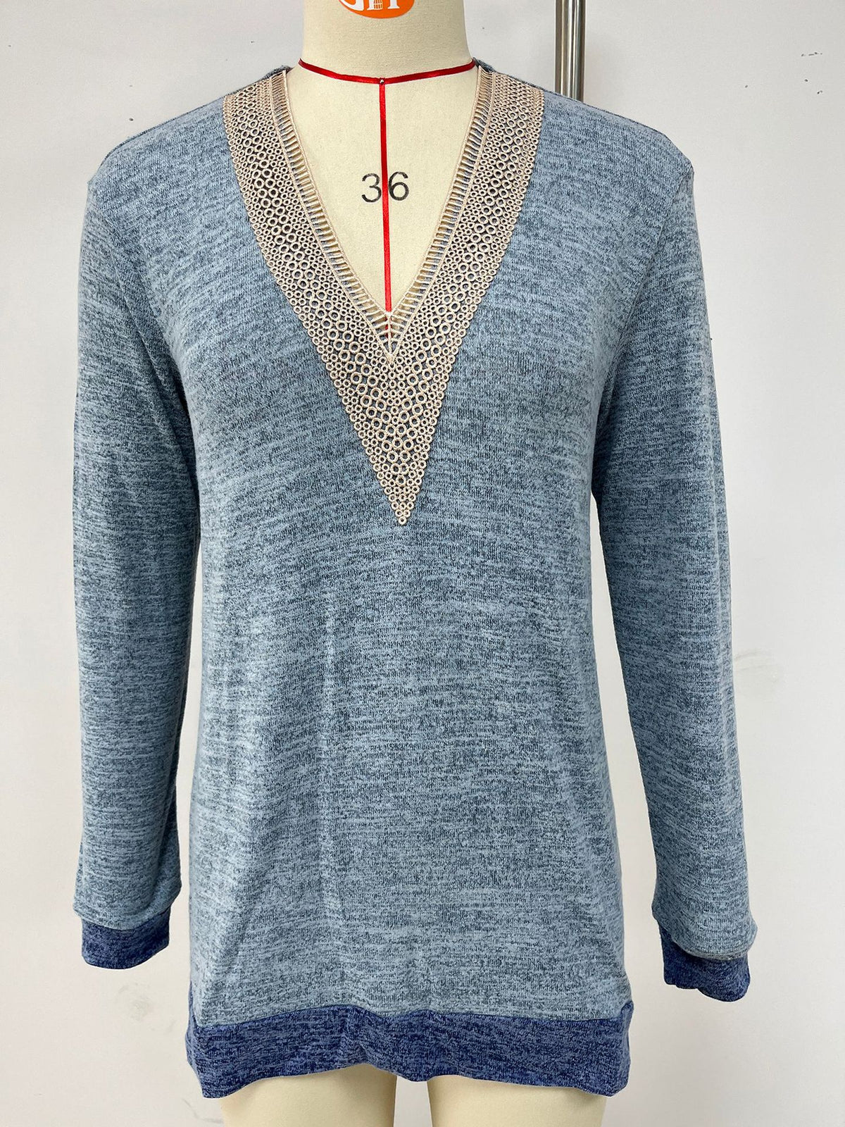 Lace Trim V Neck Long Sleeve Tee - view 1