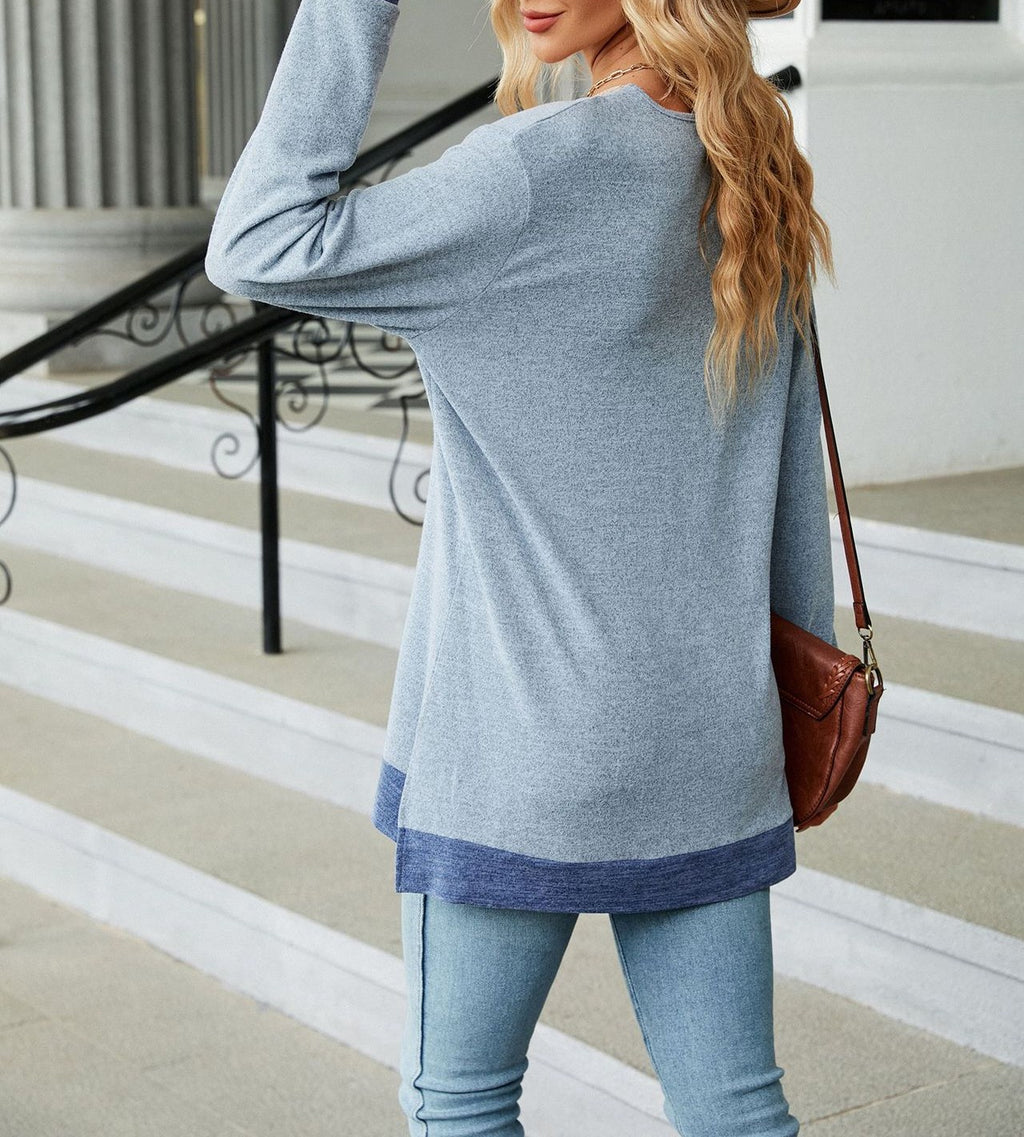 Lace Trim V Neck Long Sleeve Tee - view 2