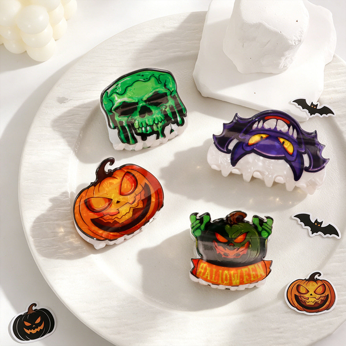 Spooky Pumpkin and Bat Halloween Claw Clips