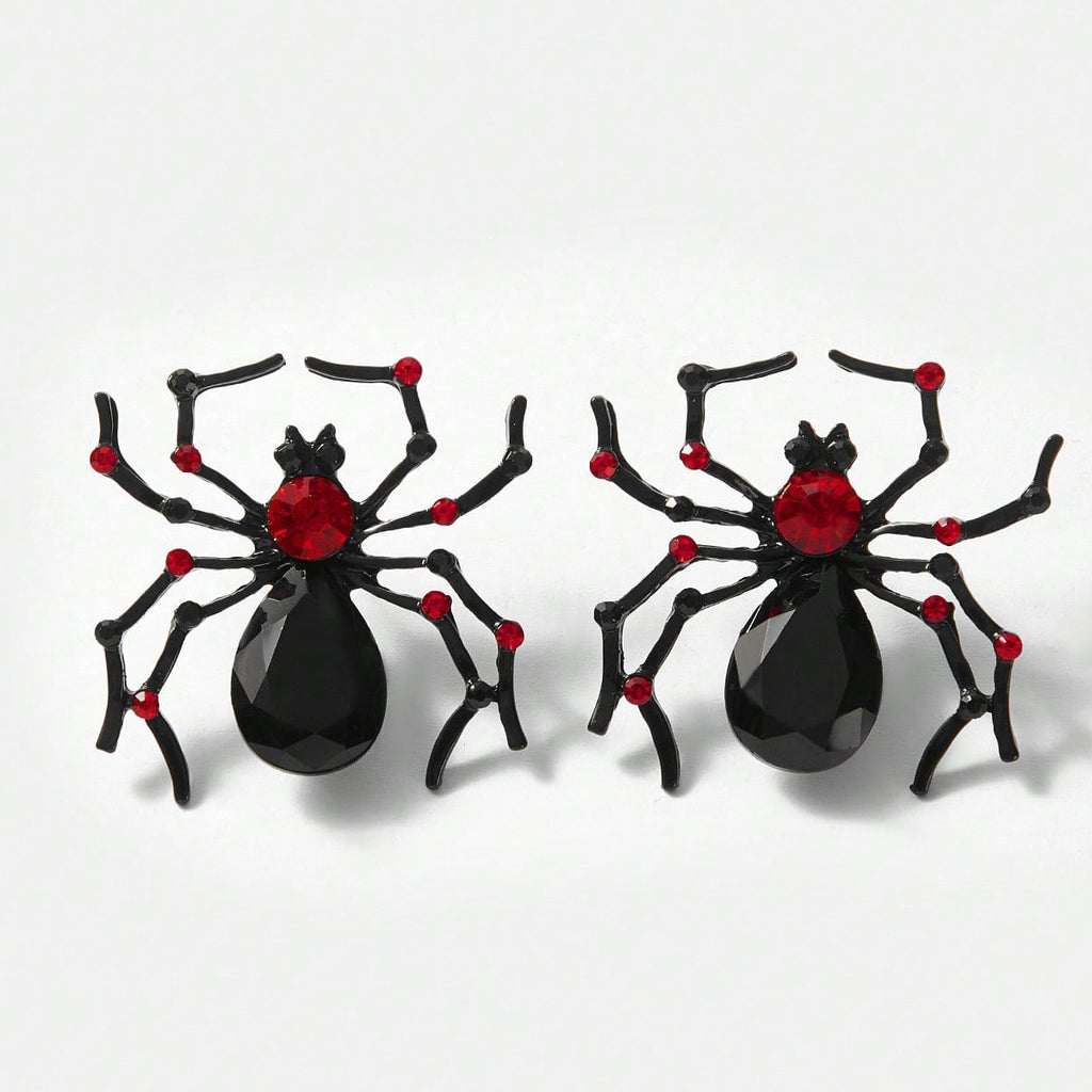 Gothic Spider Stud Earrings With Crystals - Black - 1
