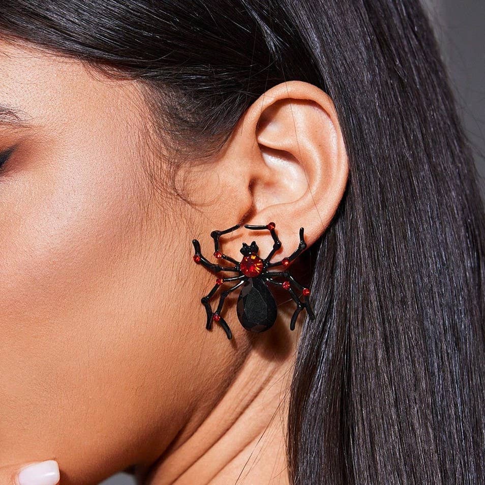 Gothic Spider Stud Earrings With Crystals