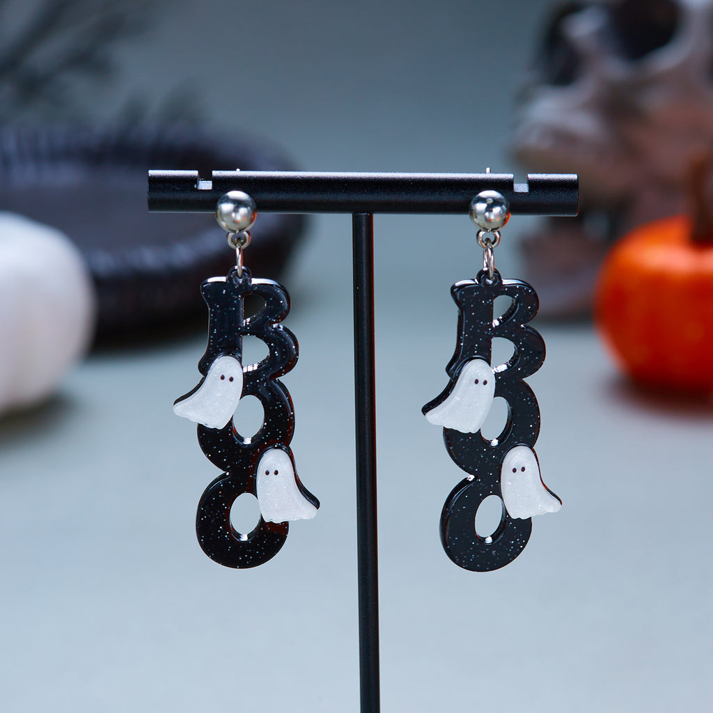 Glitter Ghost Halloween Dangle Earrings - BOO
