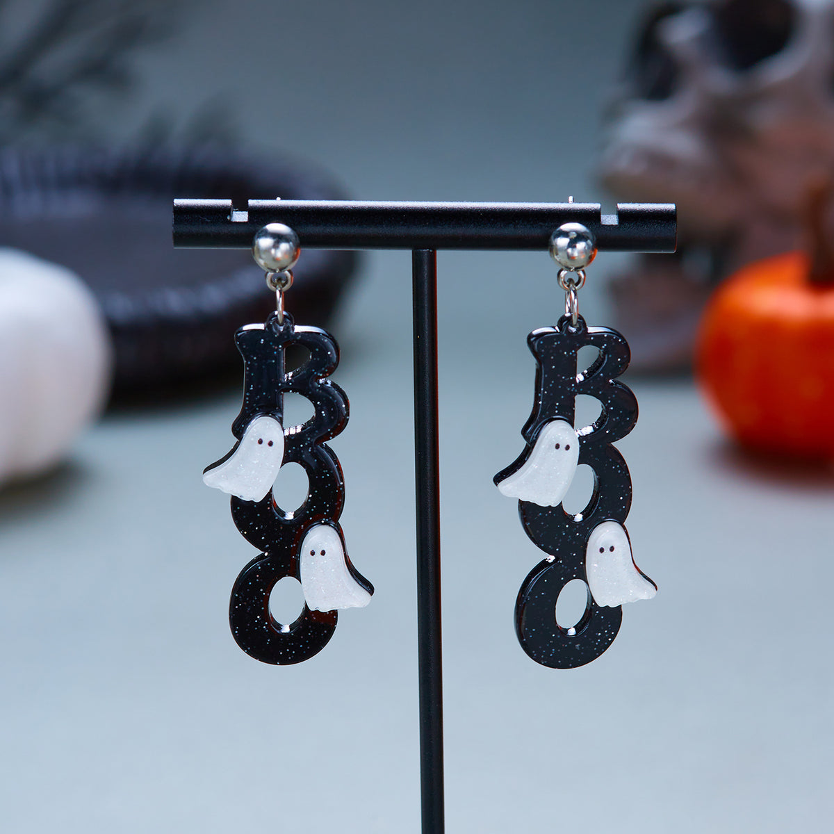 Glitter Ghost Halloween Dangle Earrings - BOO