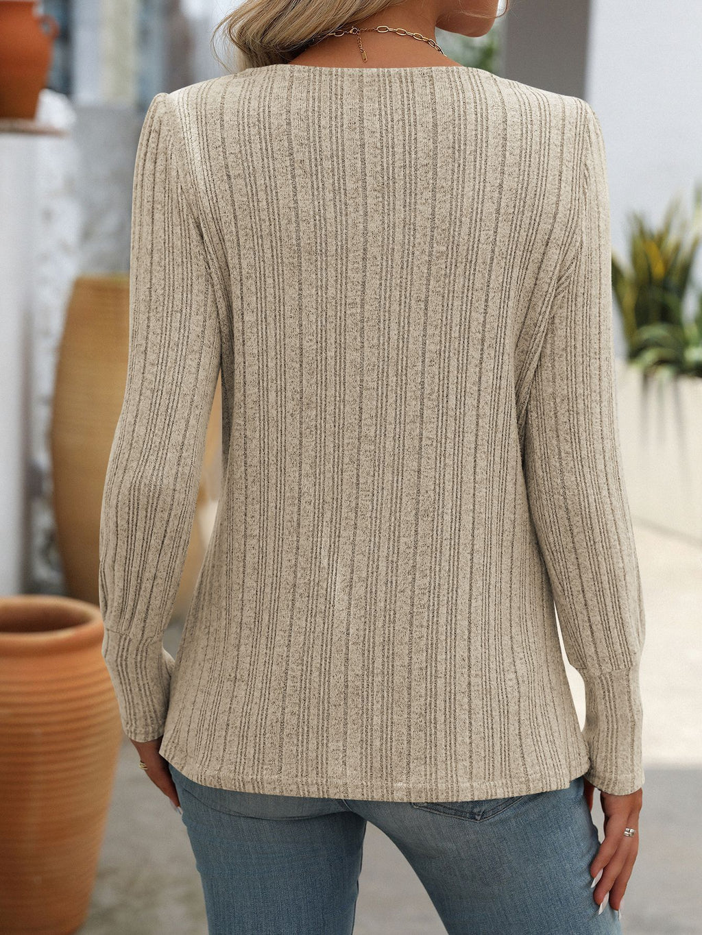 Square Neck Button Trim Ribbed Knit Top - Apricot - 1