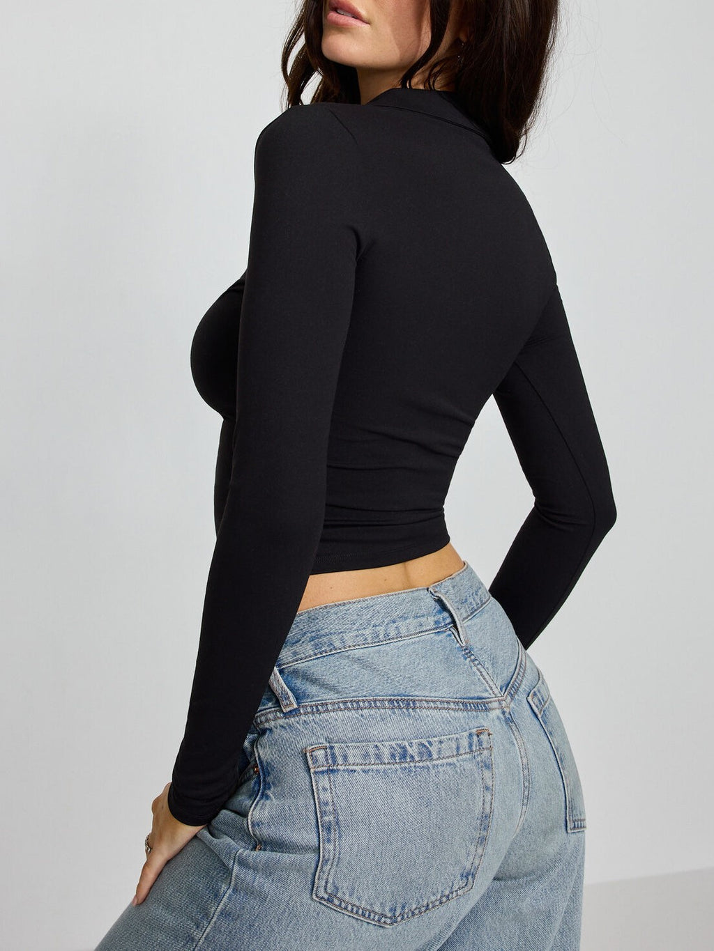 Ribbed Long Sleeve Collared Tee With V Neck - Black - 3