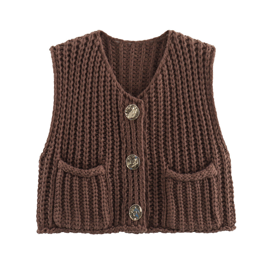 Button Front Chunky Knit Cardigan Vest With Pockets - Coffee