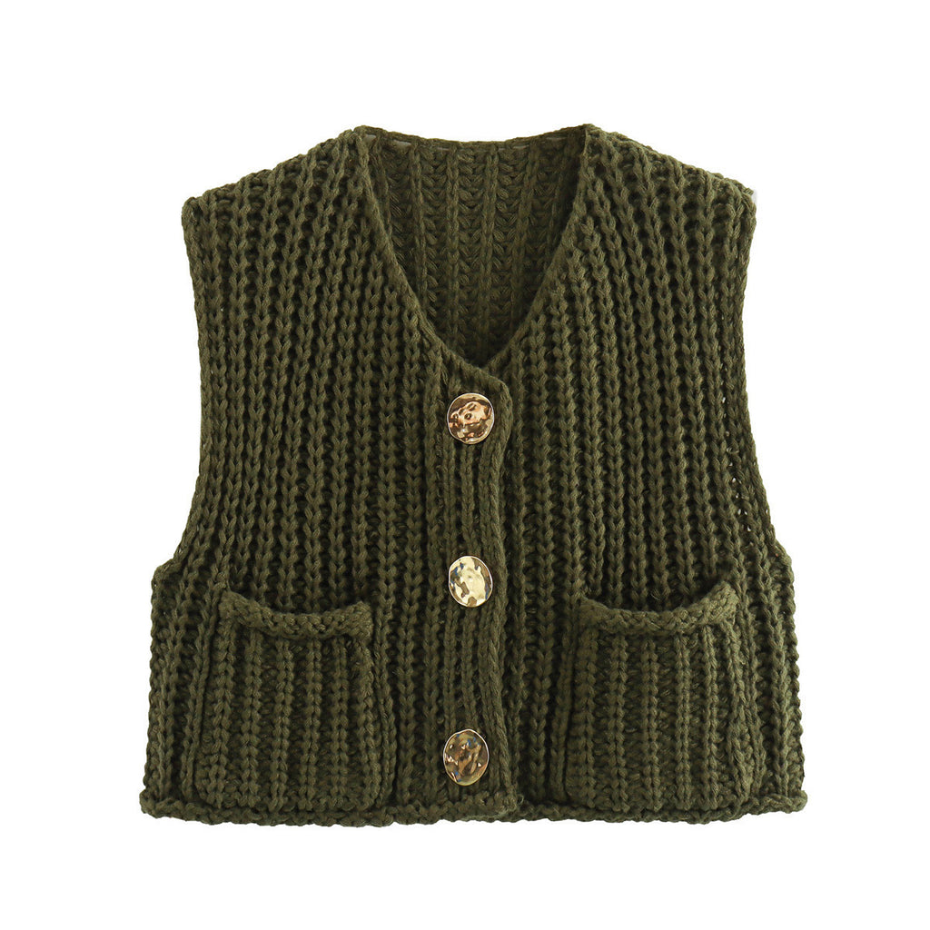 Button Front Chunky Knit Cardigan Vest With Pockets - Olive