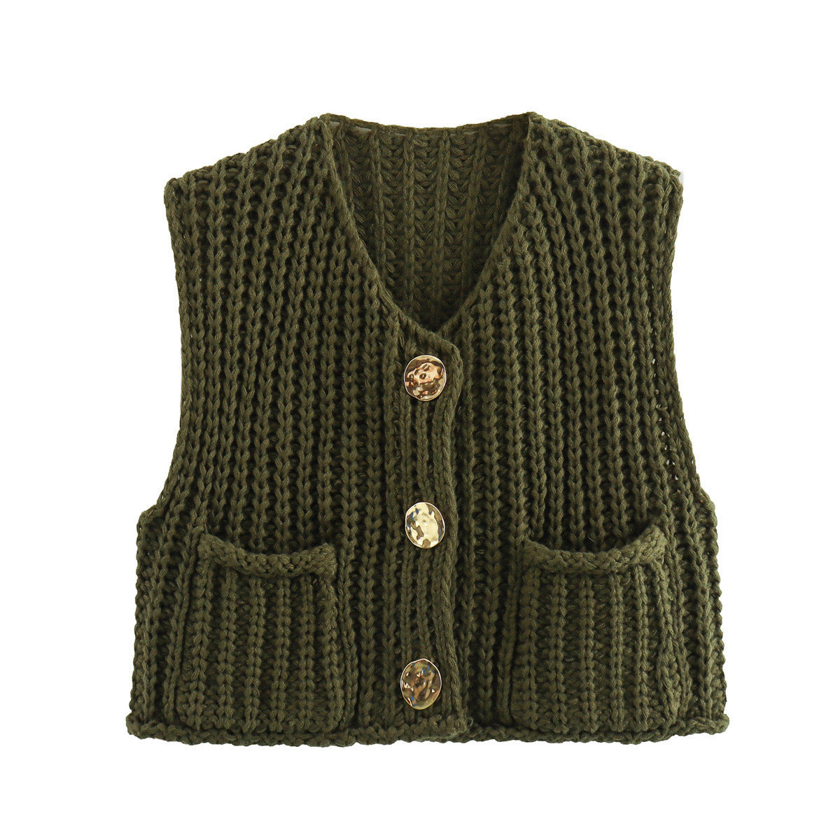 Button Front Chunky Knit Cardigan Vest With Pockets - Olive