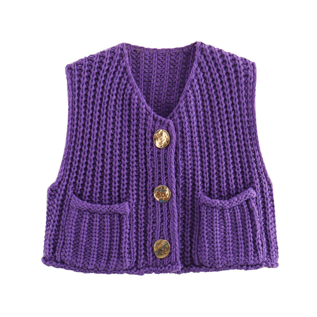 Button Front Chunky Knit Cardigan Vest With Pockets - Purple