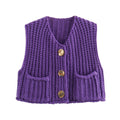 Button Front Chunky Knit Cardigan Vest With Pockets - Purple