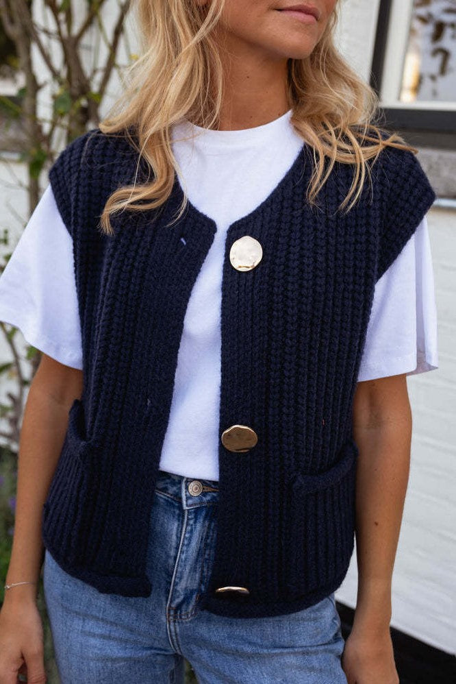 Button Front Chunky Knit Cardigan Vest With Pockets - navy