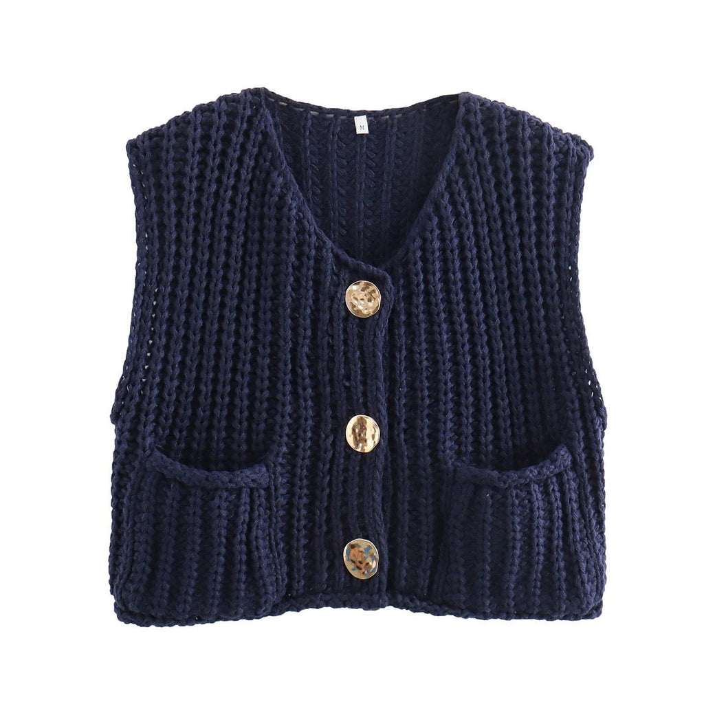 Button Front Chunky Knit Cardigan Vest With Pockets - navy - 1