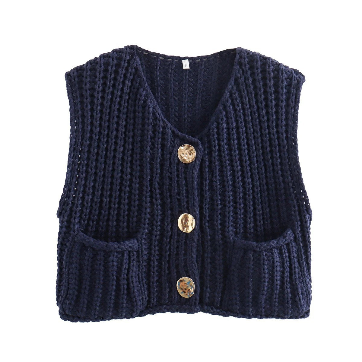 Button Front Chunky Knit Cardigan Vest With Pockets - navy - 1