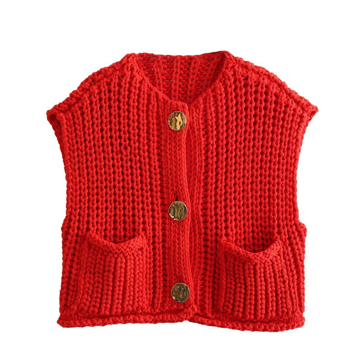 Button Front Chunky Knit Cardigan Vest With Pockets - red