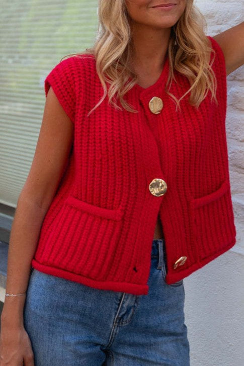 Button Front Chunky Knit Cardigan Vest With Pockets - red - 4