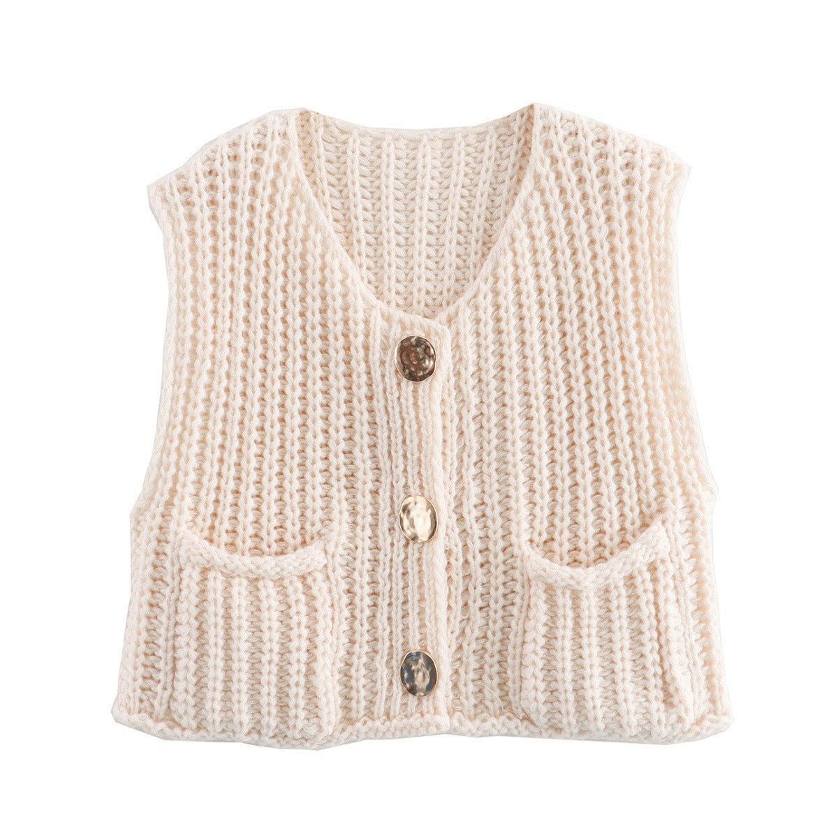 Button Front Chunky Knit Cardigan Vest With Pockets - white