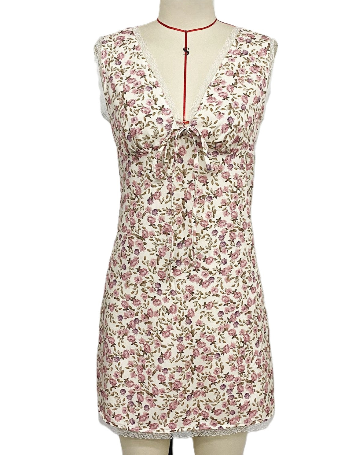 Romantic Floral Lace-Trim Tie-Front Sleeveless Sundress - Apricot