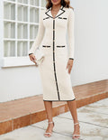 Button Front Collared Ribbed Midi Dress - White