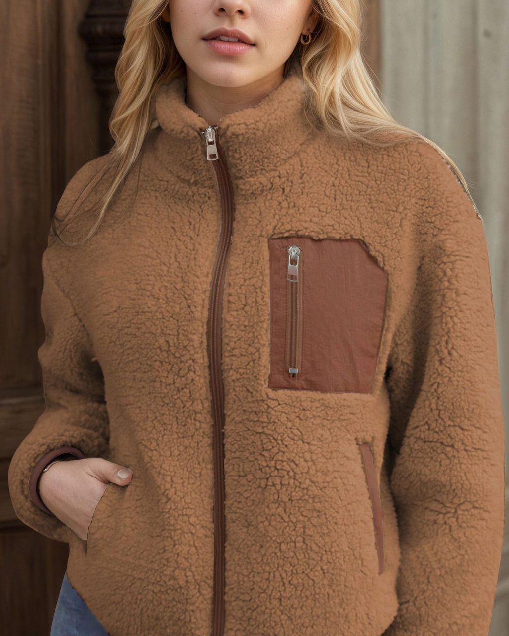 Faux Shearling Teddy Coat With Zip Front - Coffee