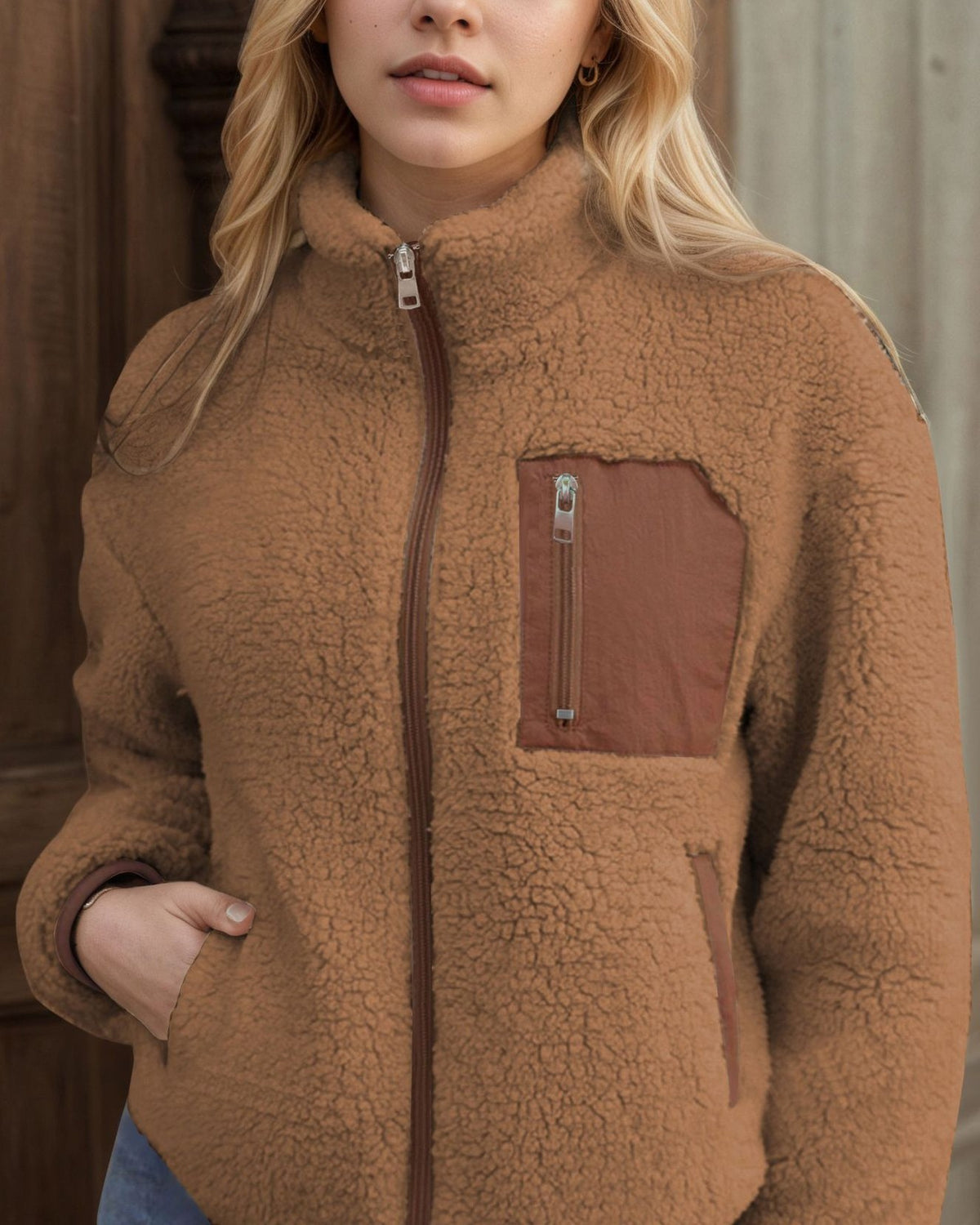 Faux Shearling Teddy Coat With Zip Front - Coffee