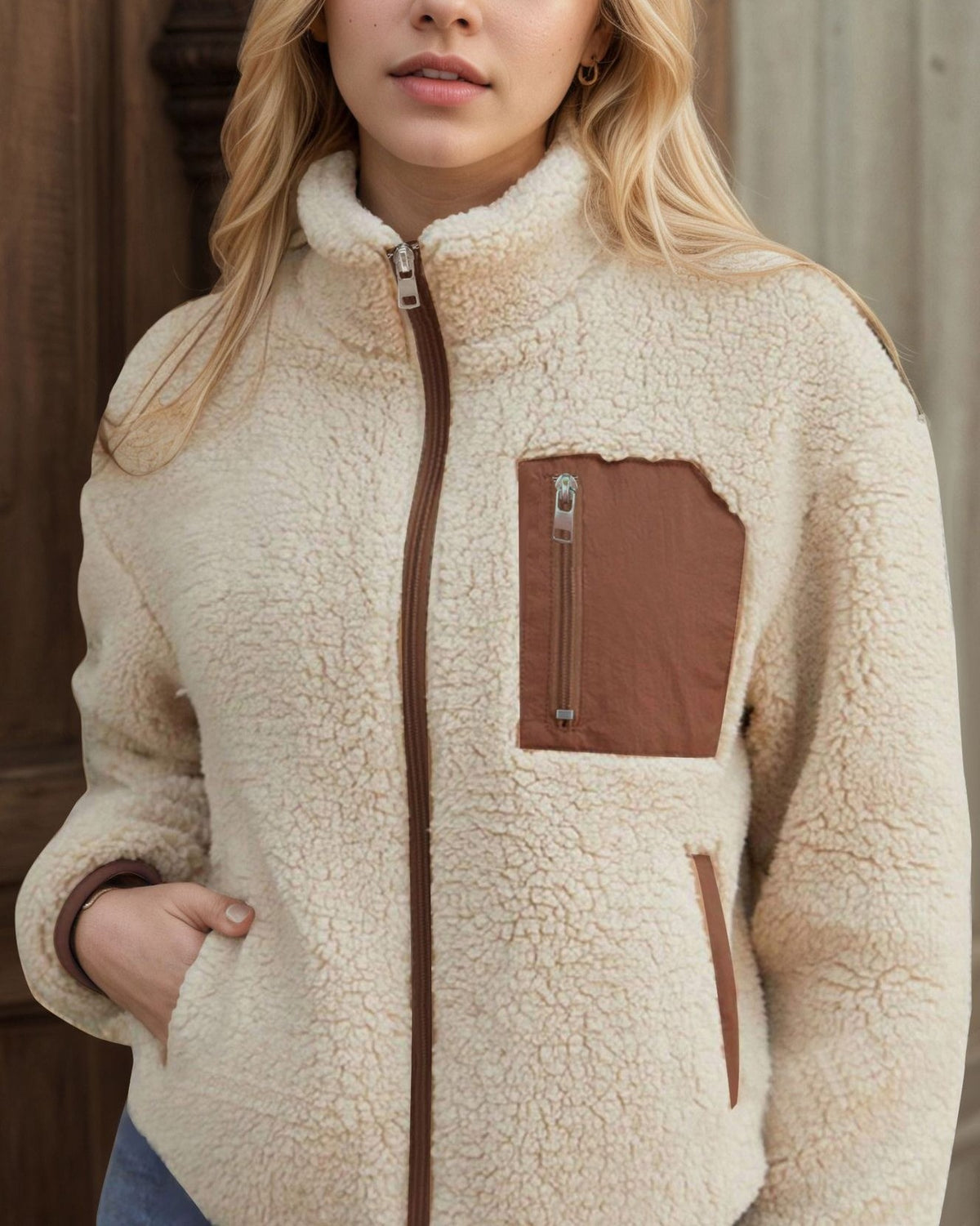 Faux Shearling Teddy Coat With Zip Front - Off-White