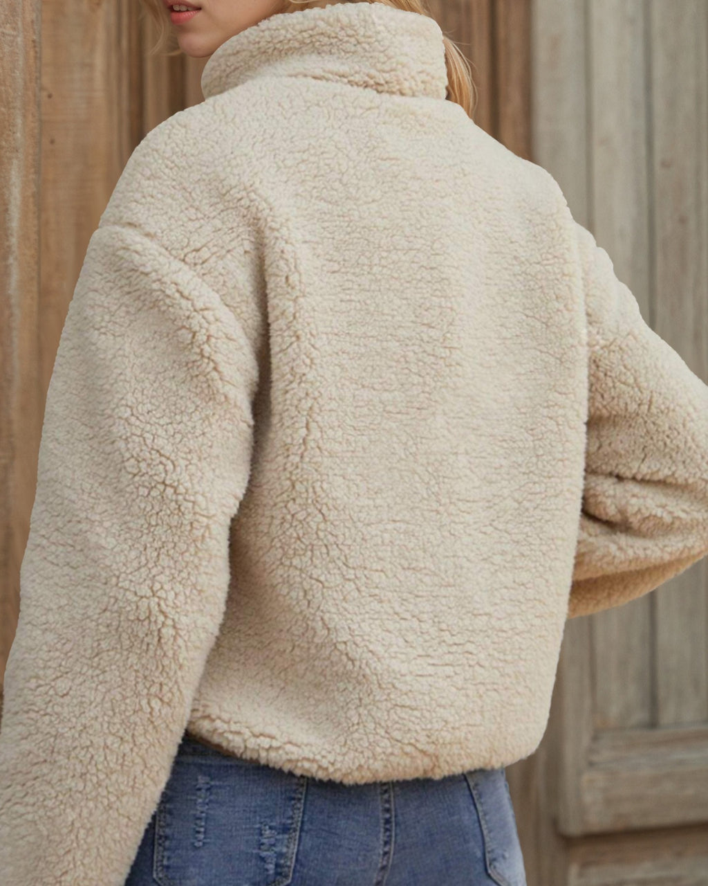 Faux Shearling Teddy Coat With Zip Front - Off-White - 1