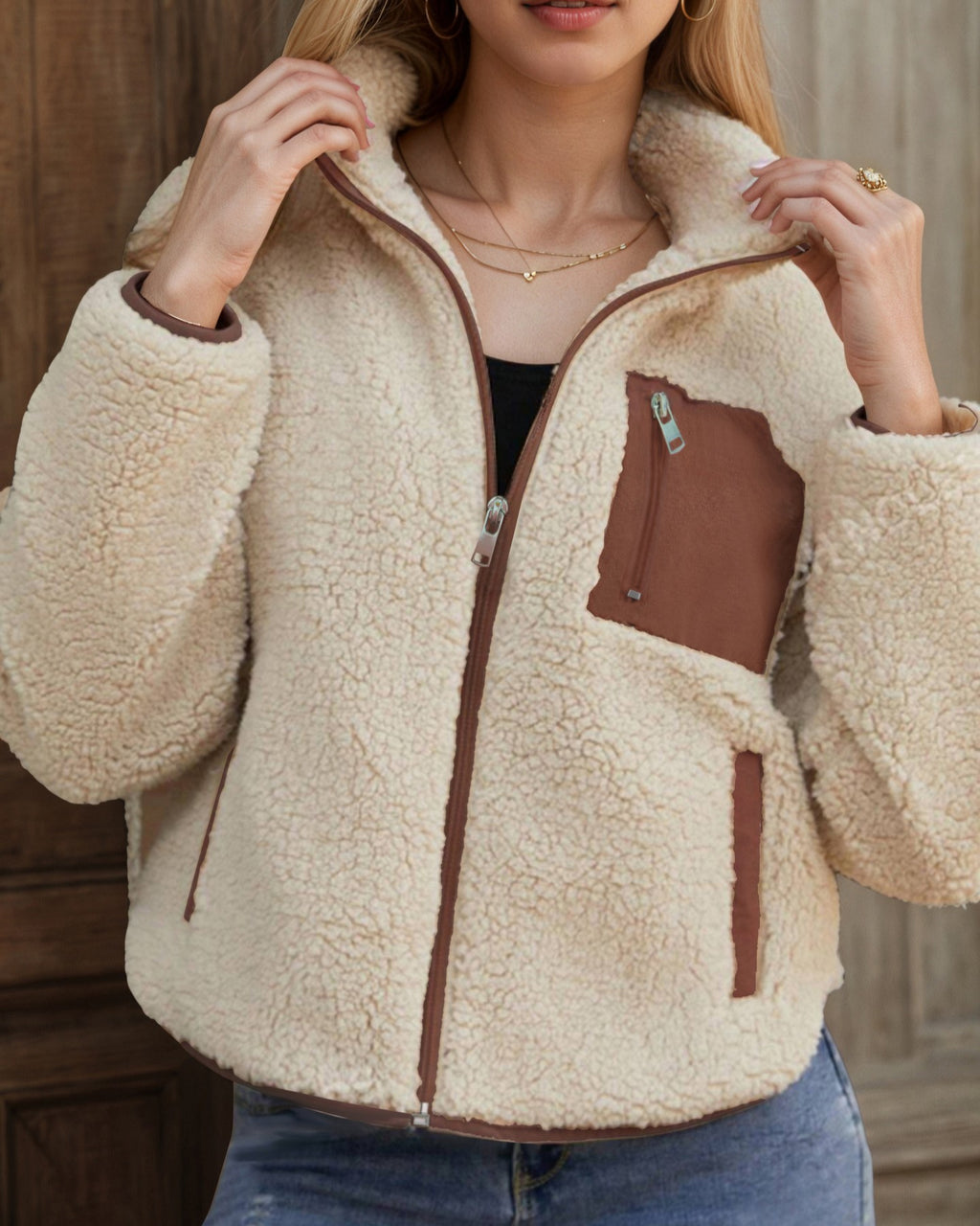 Faux Shearling Teddy Coat With Zip Front - Off-White - 2