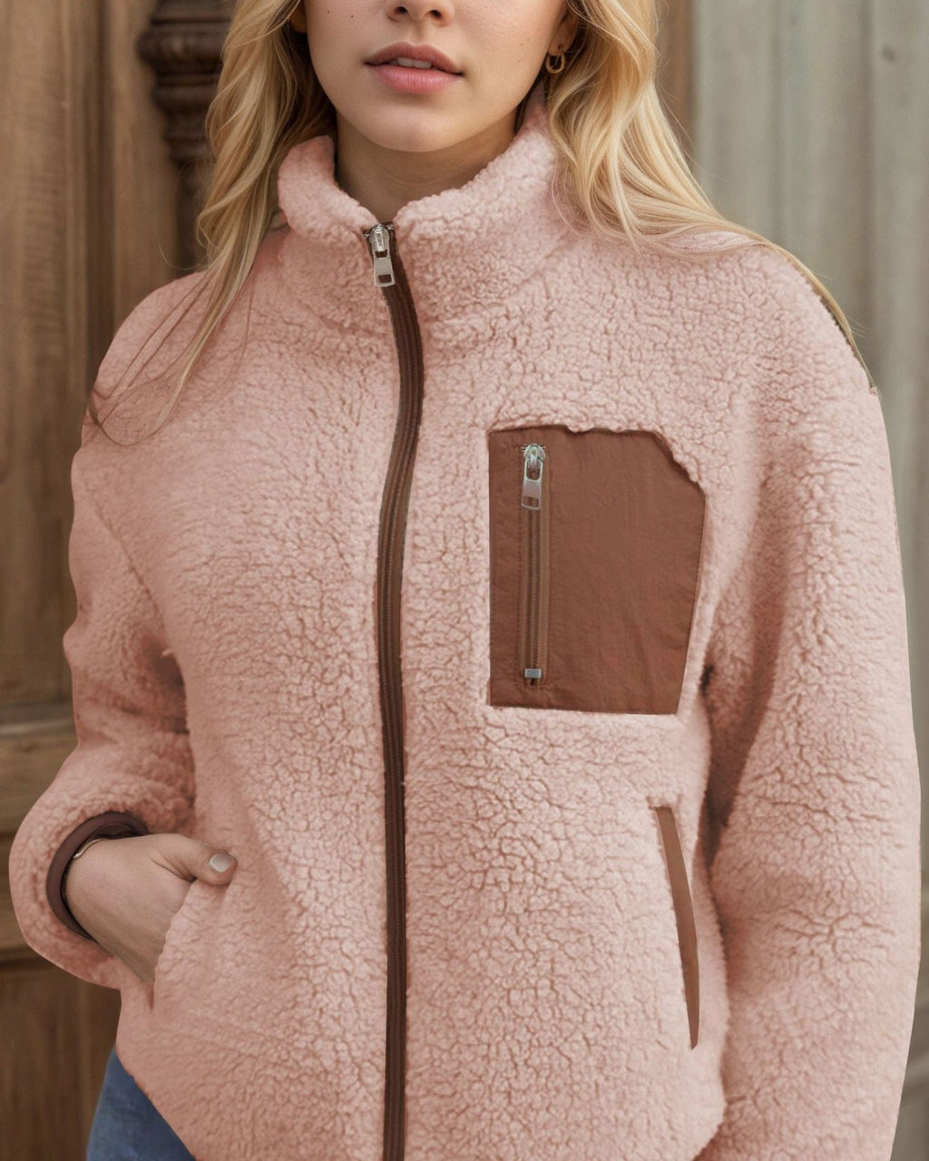Faux Shearling Teddy Coat With Zip Front - Pink
