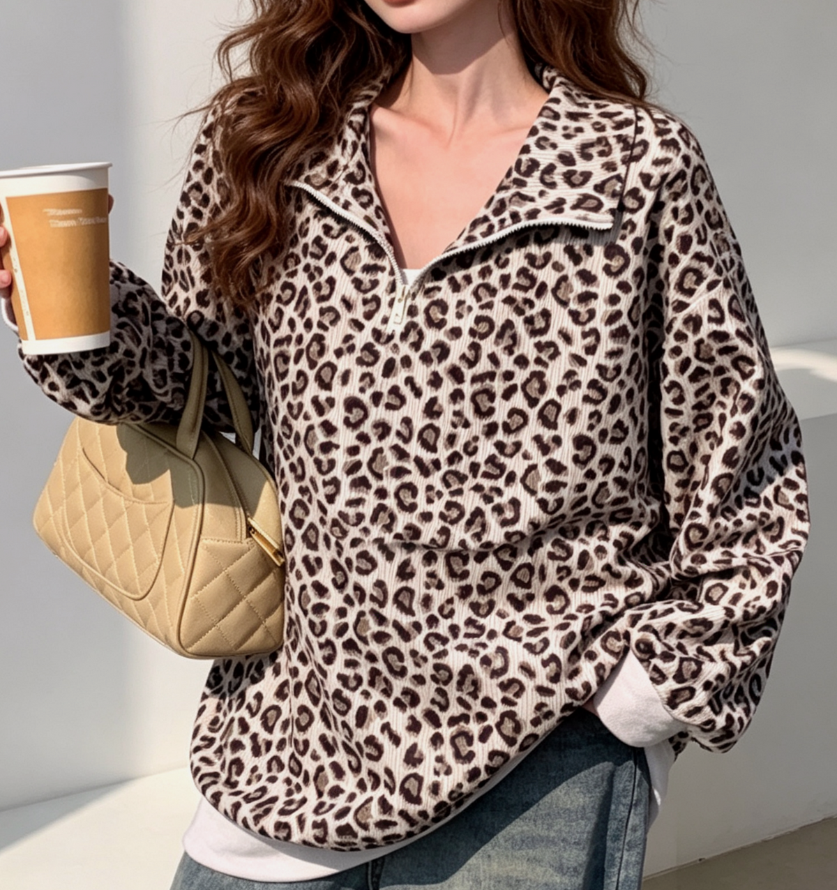 Drop Shoulder Half Zip Printed Sweatshirt - Beige